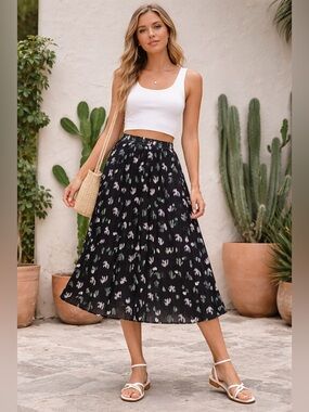 🌵 Cactus Print Pleated Midi Skirt – Lightweight & Flowy 🌵